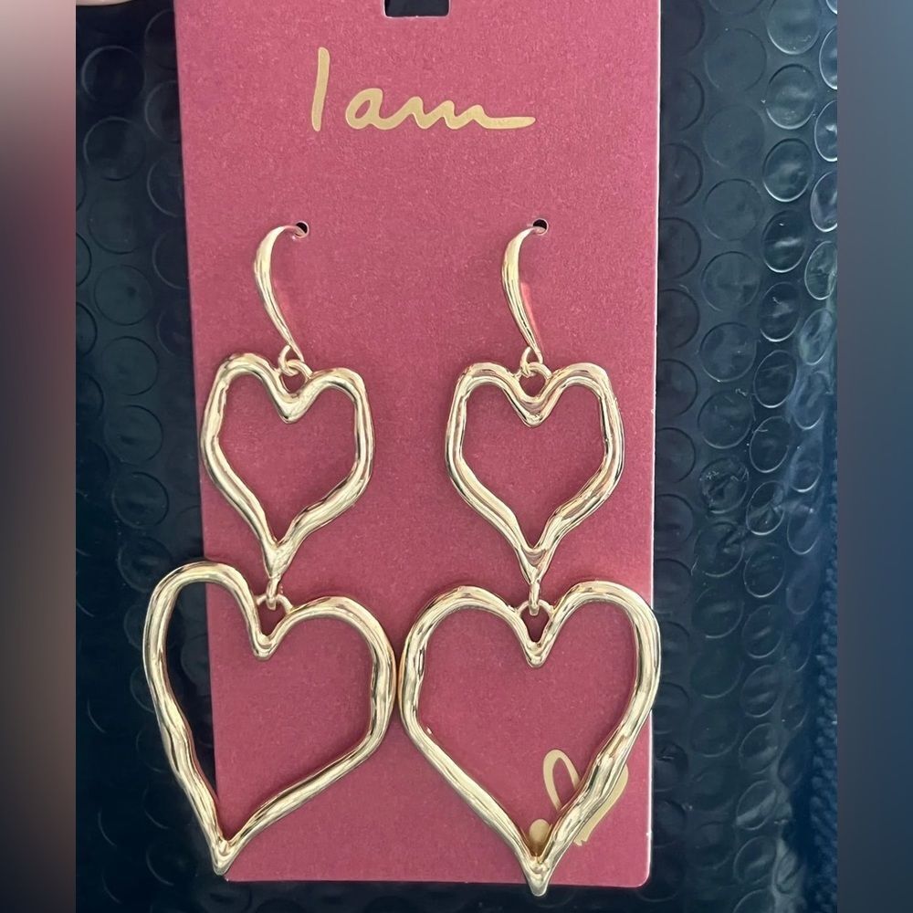 New I Am Gold Double Heart Dangle Earrings